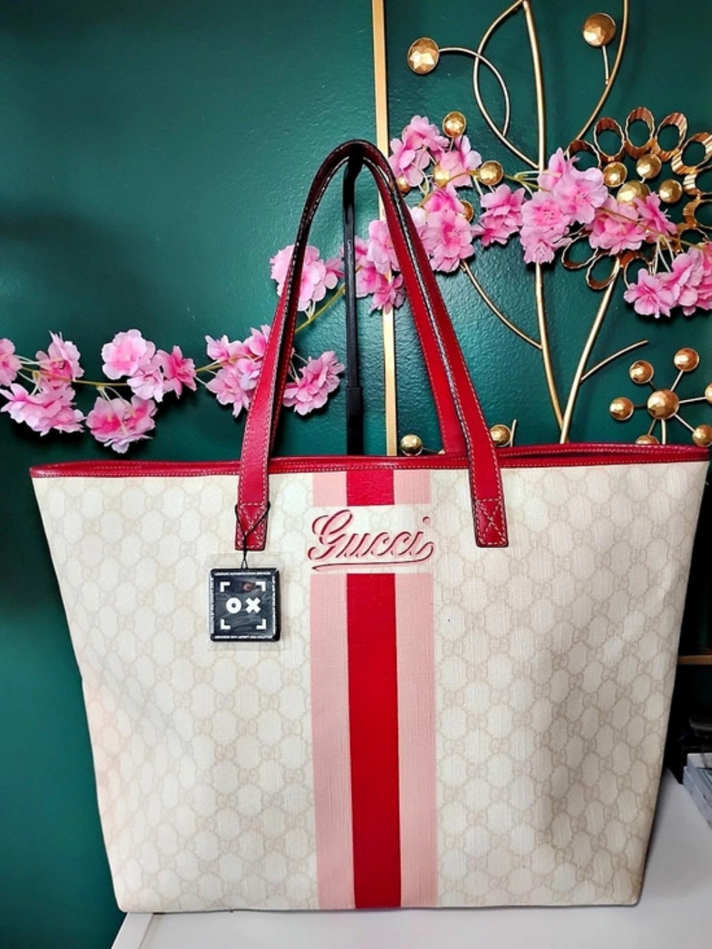 Gucci GG Supreme Crystal Joy Tote Red Stripe